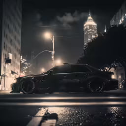 a black car parked on a rainy night with street lights