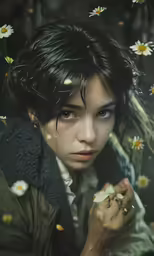 a woman holds a flower with daisies in her hair