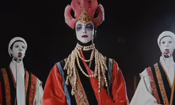 three masked people standing on a stage wearing headgear