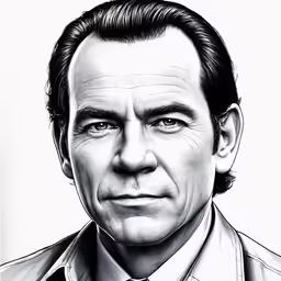 a black and white drawing of a man wearing a shirt and tie