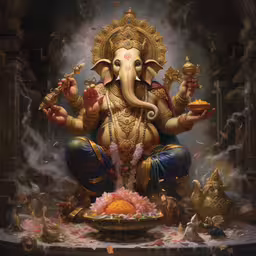 a statue of the lord ganeshri in its native setting,a golden statue of an elephant with its trunk in the air