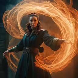 an image of a person in costume and with fire flying behind her