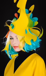 a woman with a yellow wig wearing a strange hat