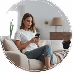 a woman is sitting on a couch using her phone