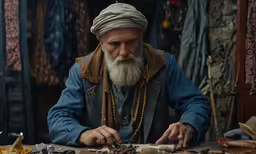 a man wearing a hat with long grey hair is making something from wood