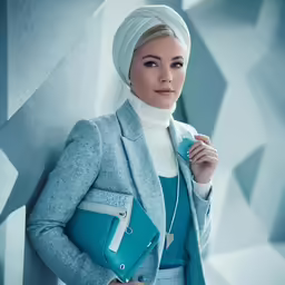 woman with a head wrap, blue bag, and white scarf