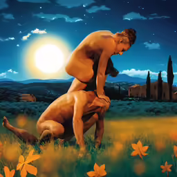 the man with no shirt stands beside his nudeing dog in a field of yellow flowers