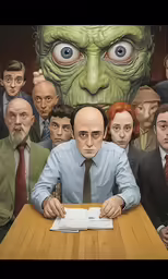 an animated image of man surrounded by human head images