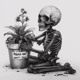 an illustration of the skeleton with flower pot
