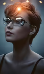 a woman with glasses looking over her shoulder at something lightening from above
