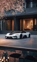 a luxury sports car is parked outside of an apartment building