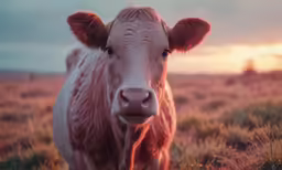 a white cow with brown ears standing in a field