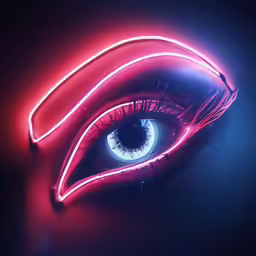 a neon pink eye with bright blue and red light streaks