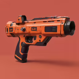 an orange machine gun sits on top of a red background