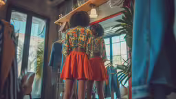 a woman is standing looking at her reflection in the mirror,two women are standing in front of a mirror