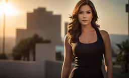 an attractive woman wearing a black top standing in front of buildings