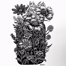 a drawing of a bouquet with daisies on a white background,a black and white drawing of flowers in a vase