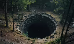 an empty cave is in a wooded area