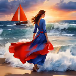 a woman is walking along the shore of a beach,a painting of a woman walking along the beach