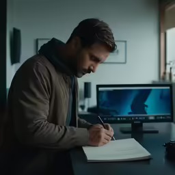 a man writing on a piece of paper and holding a pen