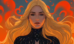 a woman with blonde hair and a black body suit in a room with large orange bubbles
