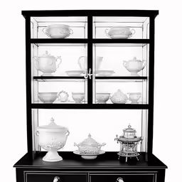 a cabinet holds china on three shelves with bowls on the top