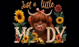 a graphic of a cow wearing a red and yellow bow with sunflowers around its neck