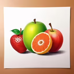 an apple, orange and apple split in two