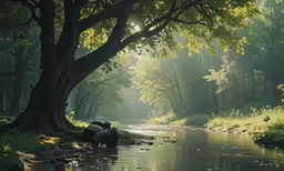 two people are sitting under the shade of a tree by the river