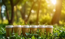 a group of four cups sitting on top of green grass