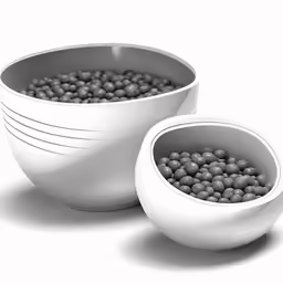 a set of three white bowls with some beads in it