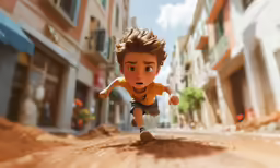 an animation boy running in the middle of a dirt road