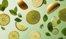 a bunch of cut up lemons and green leaves