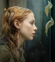 the woman in a green coat stares at something