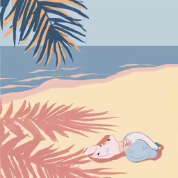 an illustration of two people laying on the sand and palm trees on the beach