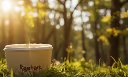 a yellow to go cup in the grass with trees in the background