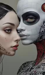 two people with their faces painted in white and black