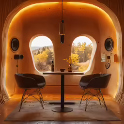 a room that has three chairs around a table with two vases on it