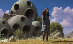 the girl is walking around near large gray vases