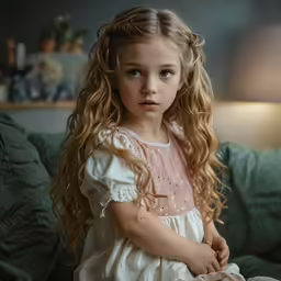 a little girl sitting on a couch in front of a lamp