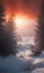 the sun is shining through a hazy sky above a snowy landscape