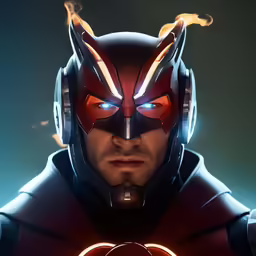 man in an unusual outfit with a helmet that has eyes that have red lights and a ring around the front of the helmet