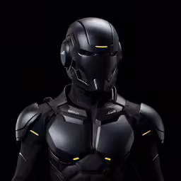 a robot is wearing a black suit and glowing eyes
