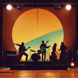 a band playing music on stage in front of an artistic mural,three musicians on stage and an abstract backdrop