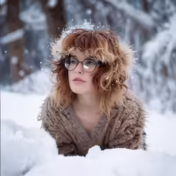 a woman in glasses is sitting in the snow