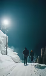 a couple of people on a snowy path near a light
