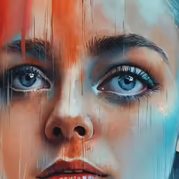 the woman has red, blue and yellow paint on her face