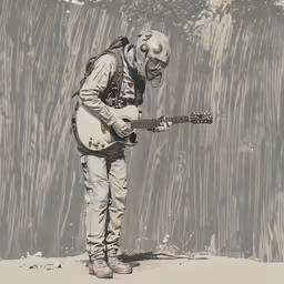 a man wearing a helmet holding a guitar and looking down