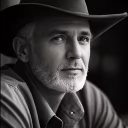 a black and white image of a man wearing a cowboy hat