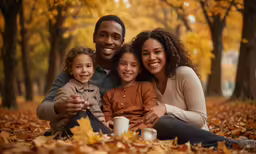 an adult and two children sitting in the leaves